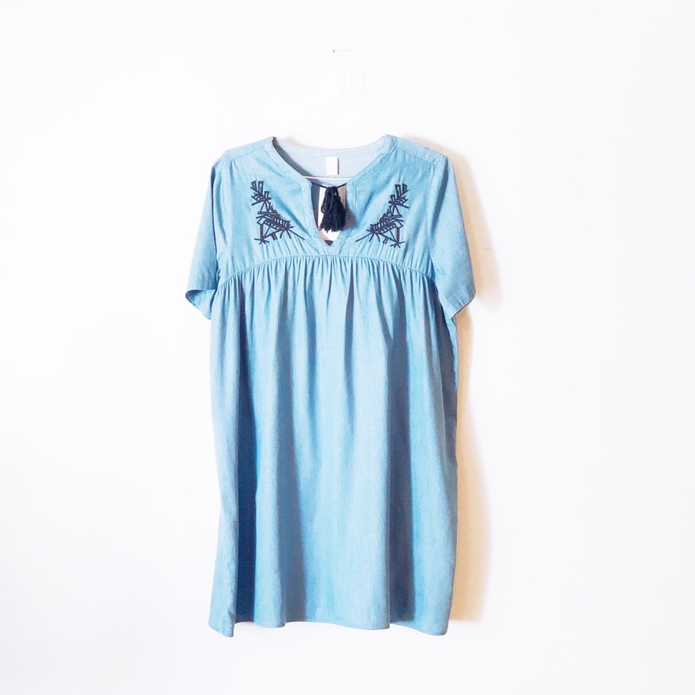 Embroidered Boho Dress in a Denim Blue